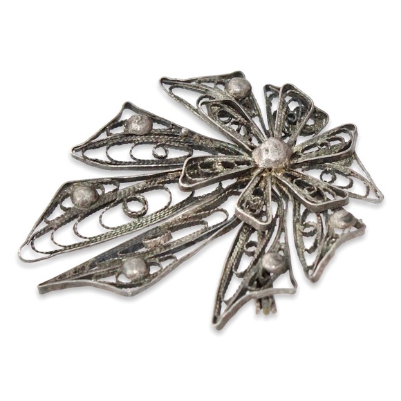 Vintage Fine Silver Cannetille Bow Brooch Pin Intricate Filigree Openwork Estate - Picture 2 of 5